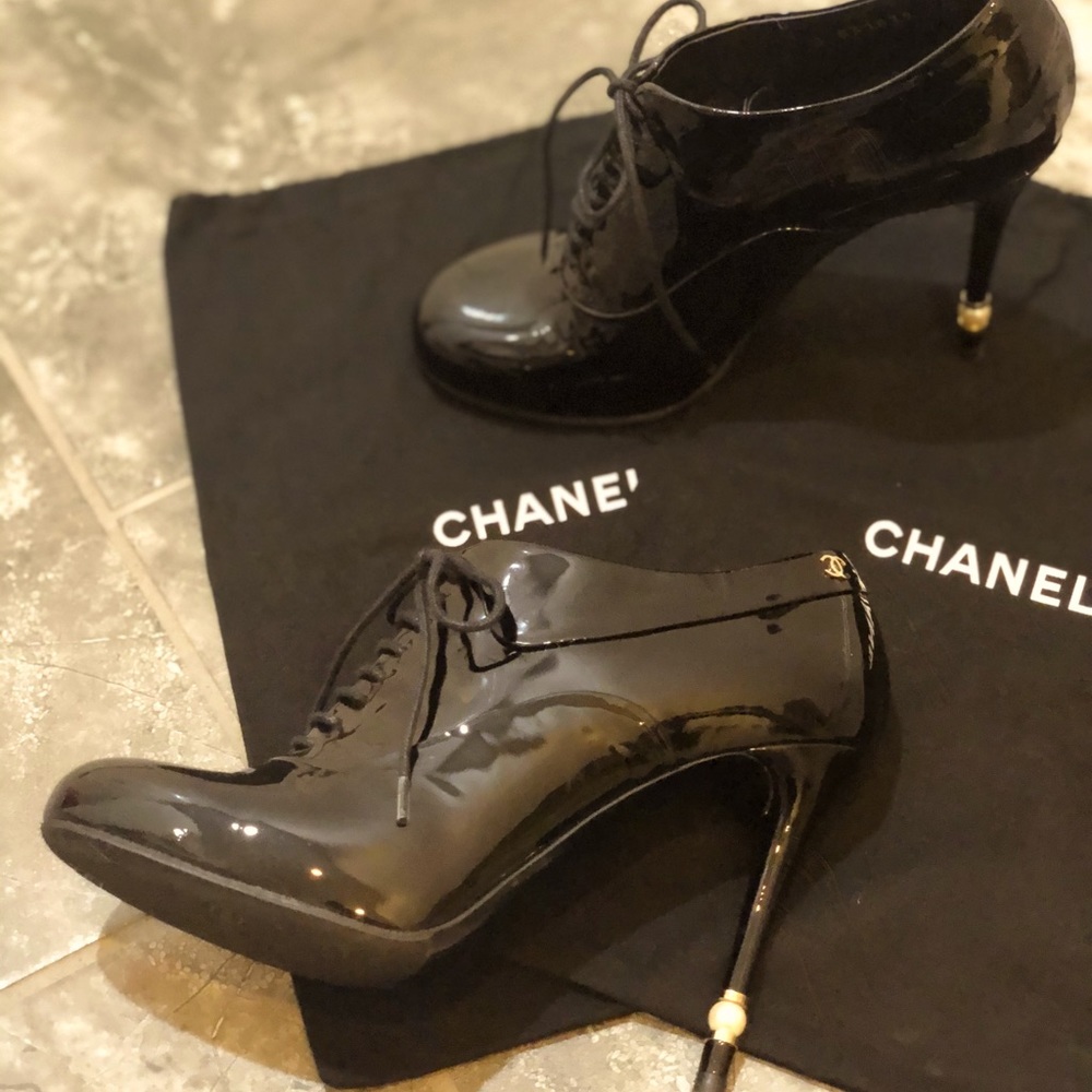 CHANEL Patent Lace up Ankle Boots with Pearl
